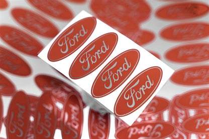 4-FORD CENTER CAP LOGOS RED OVAL DECALS VINYL F150 F250 MUSTANG FOCUS FUSION
